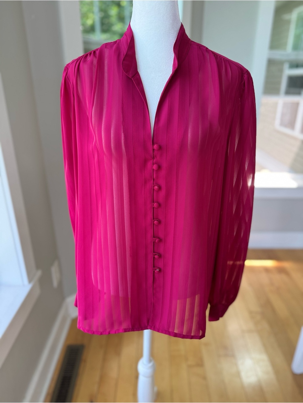 Vintage 70s 80s Fuchsia Hot Pink Sheer Striped Button Down Blouse Sz 18 Large